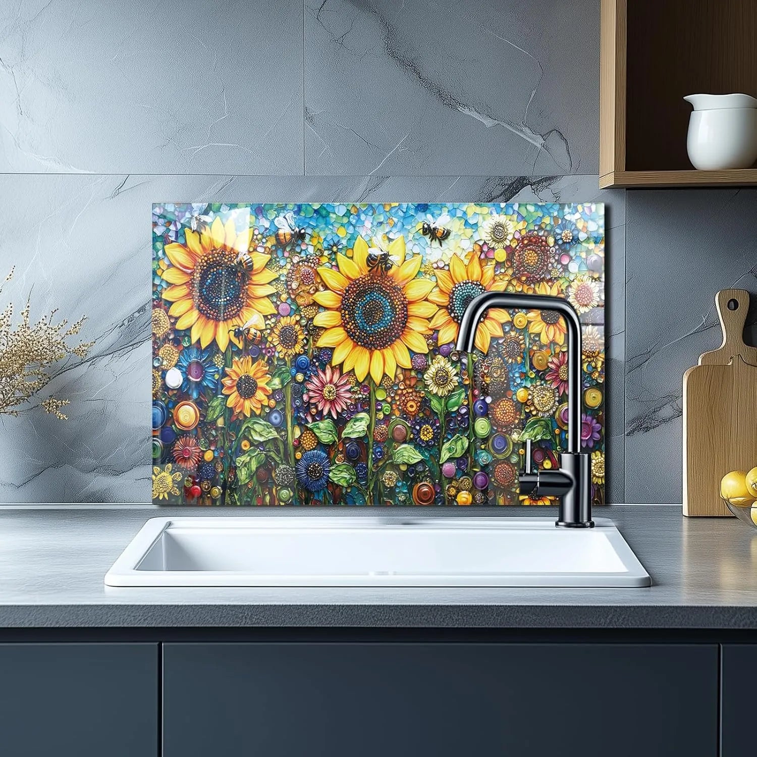 Tempered glass sunflower kitchen backsplash behind sink