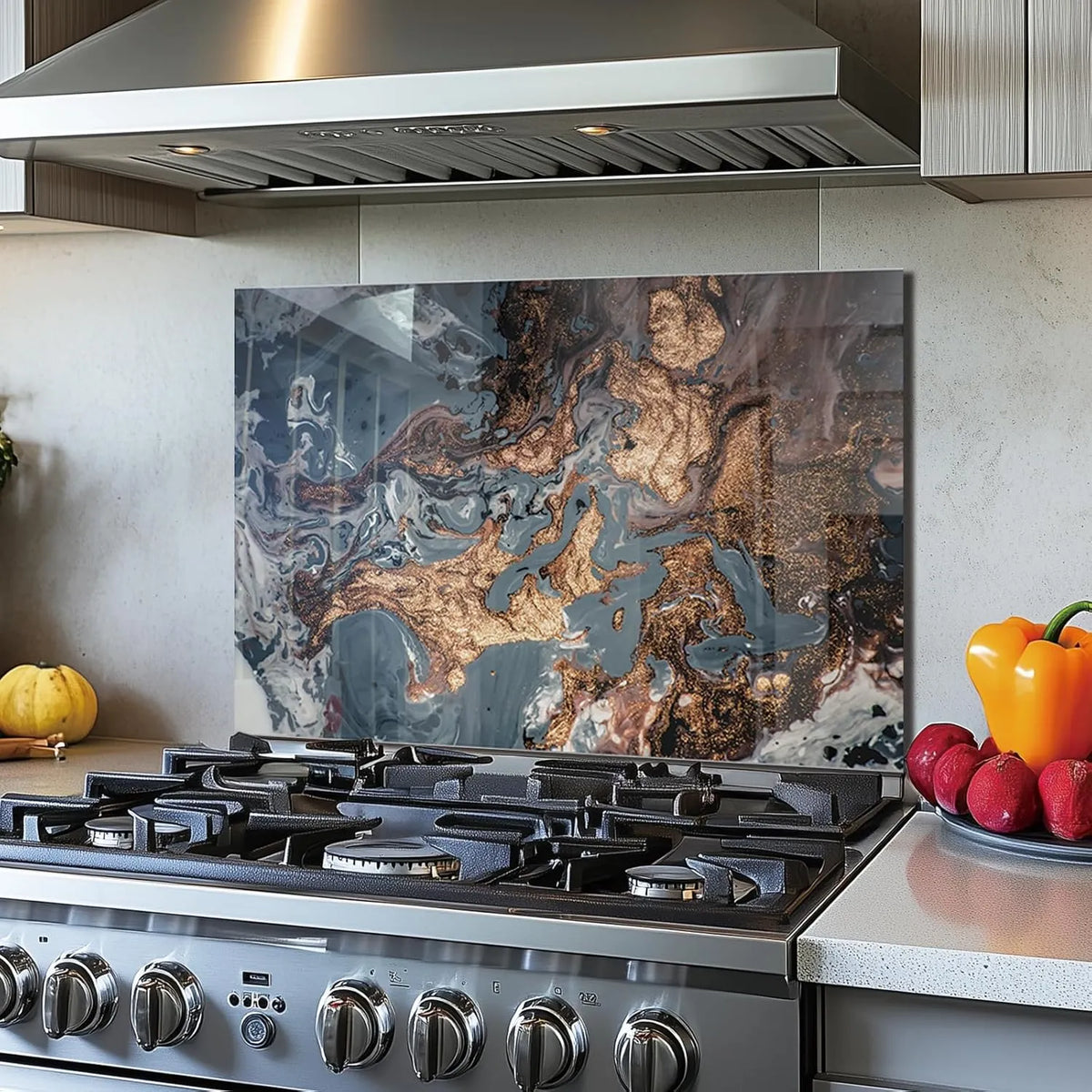 Tempered glass marbling stove back cover on modern stainless steel stove with gold-gray swirl design.