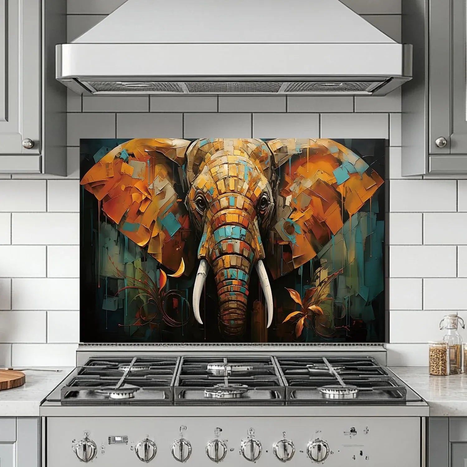 Vibrant elephant tempered glass backsplash above modern gas stove