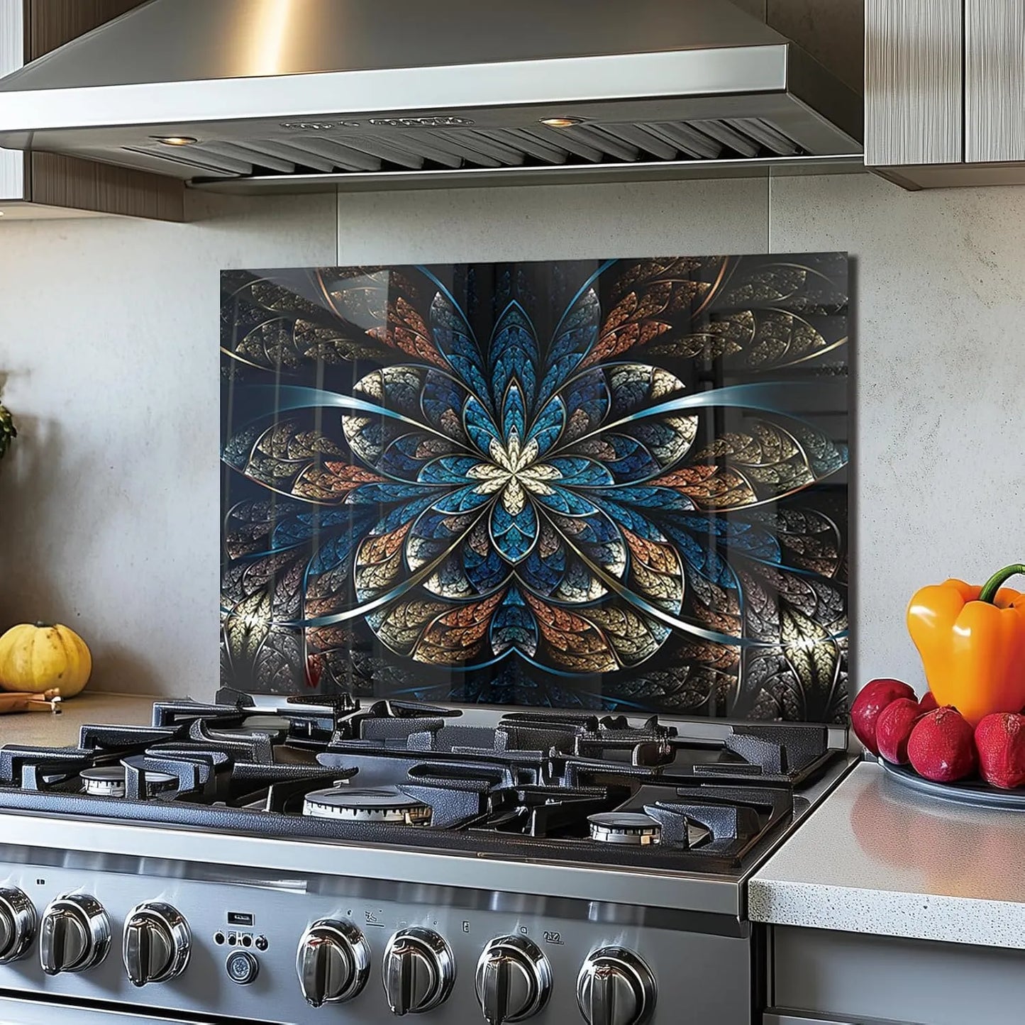 Abstract fractal flower tempered glass stove back top cover on modern kitchen stove