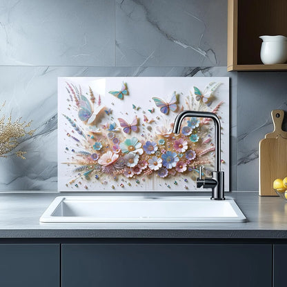 3D Butterfly Flower Blossoms Tempered Glass Kitchen Sink Backsplash