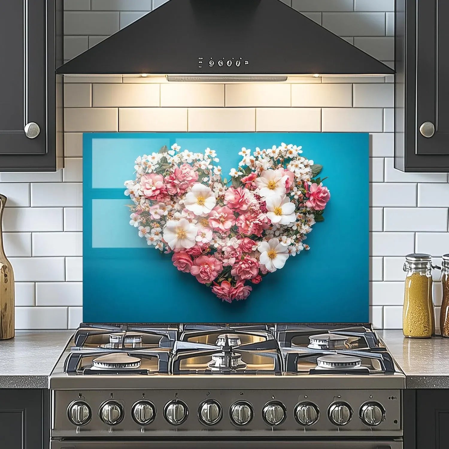 Heart-Shaped Floral Bouquet Tempered Glass Backsplash - Blue Background Pink White Flowers Installed Above Stove