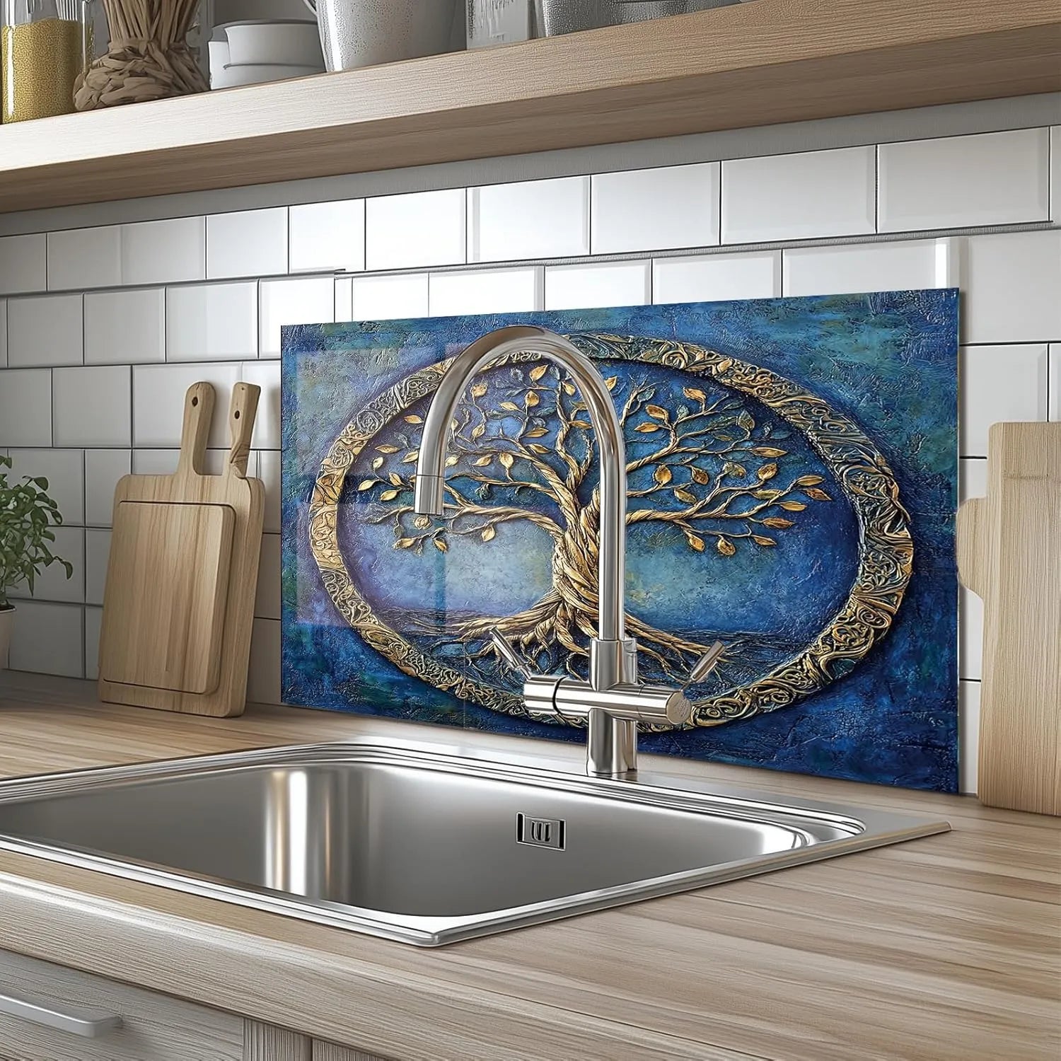 Tree of Life tempered glass backsplash installed behind kitchen sink