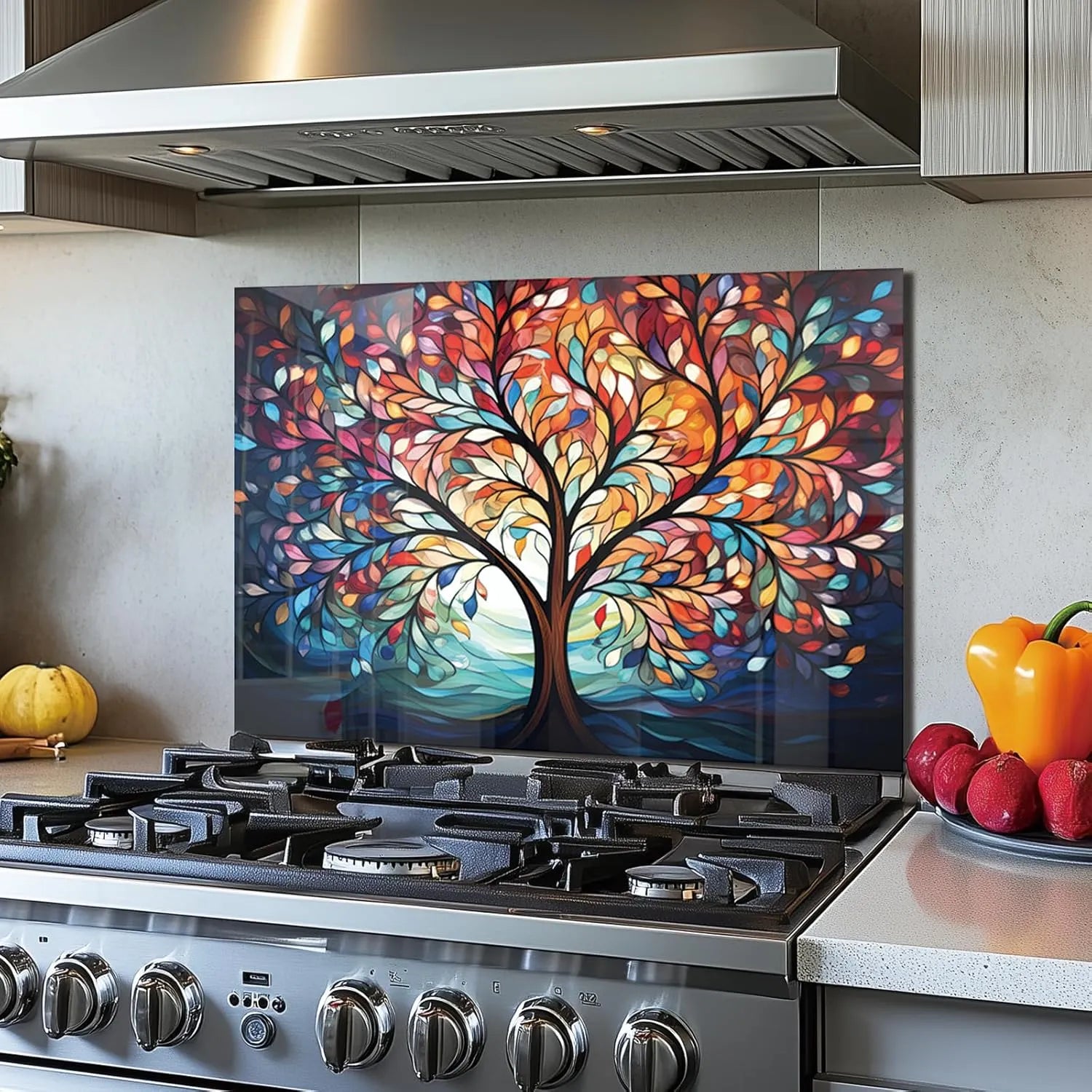 Vibrant tempered glass tree of life kitchen backsplash behind gas stove