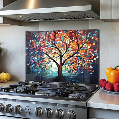 Vibrant tempered glass tree of life kitchen backsplash behind gas stove