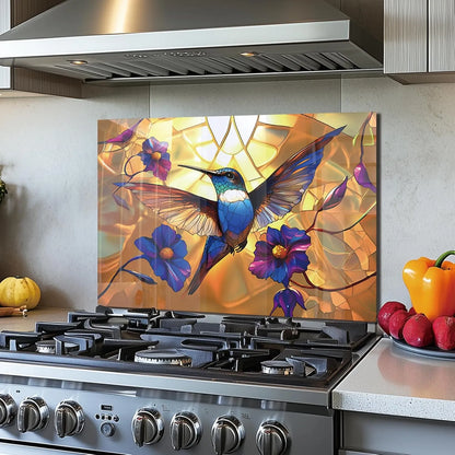 Vibrant hummingbird glass stove splashback contemporary kitchen decor