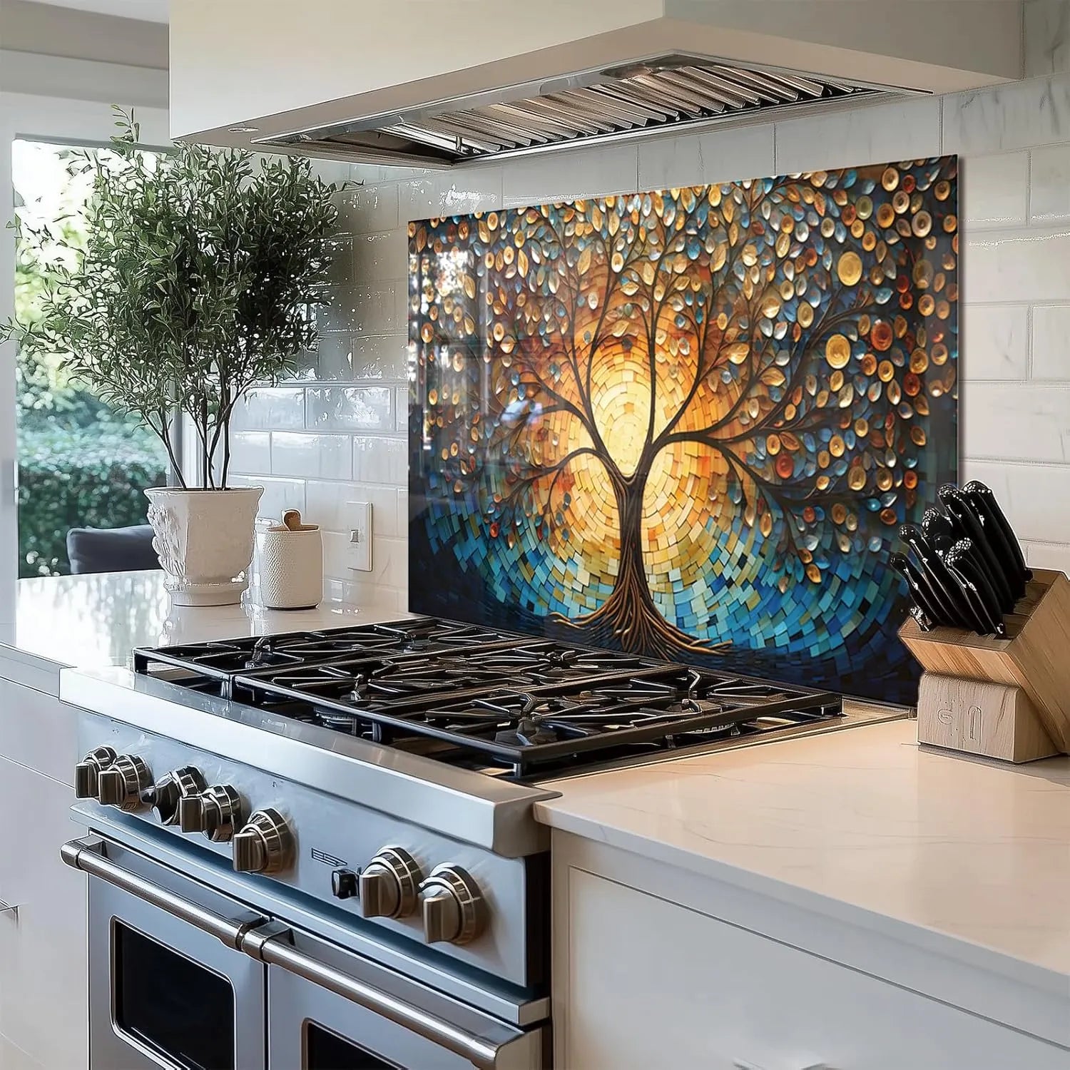 Tree of Life Tempered Glass Backsplash in modern kitchen with potted plant and knife block