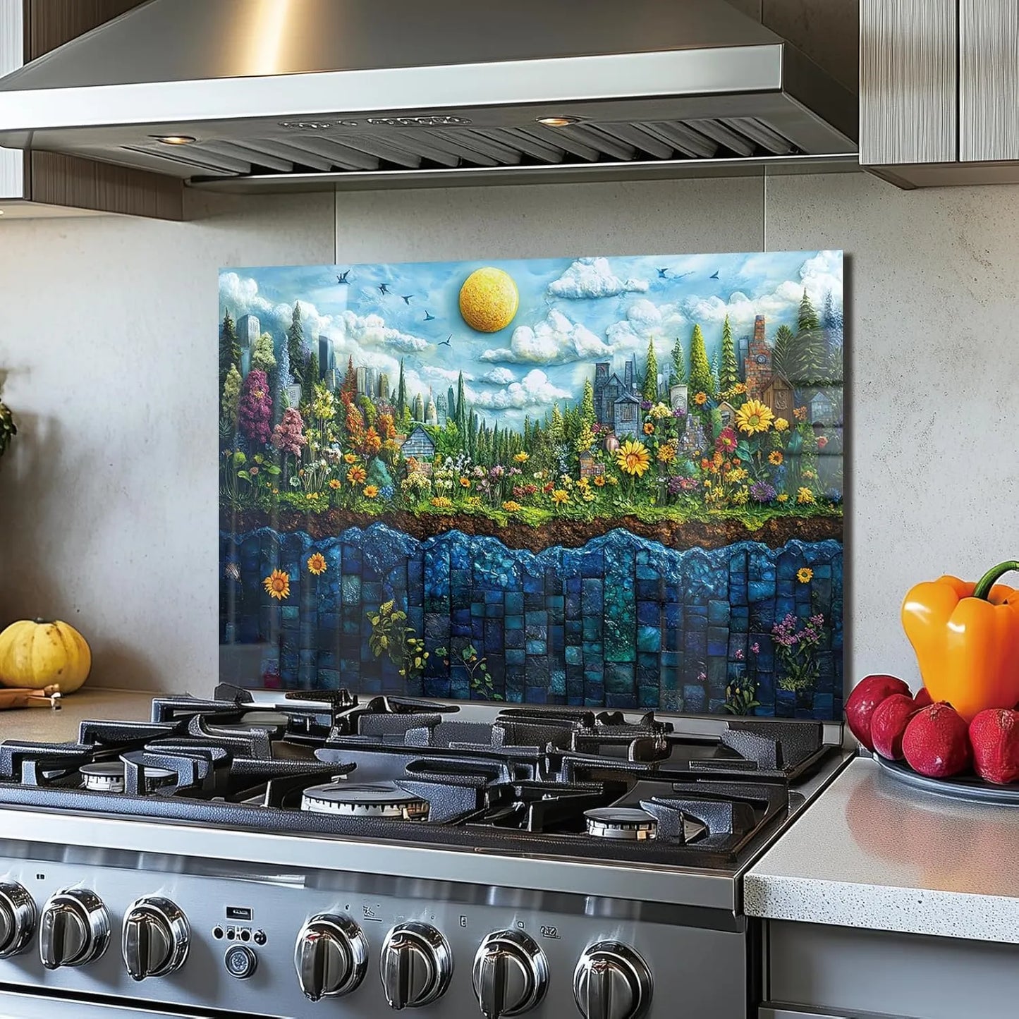 Tempered glass garden stove backsplash top cover with colorful floral landscape