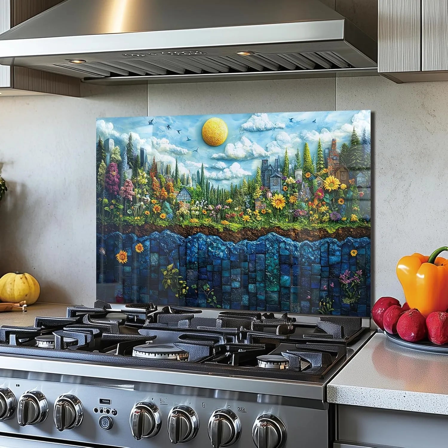 Tempered glass garden stove backsplash top cover with colorful floral landscape