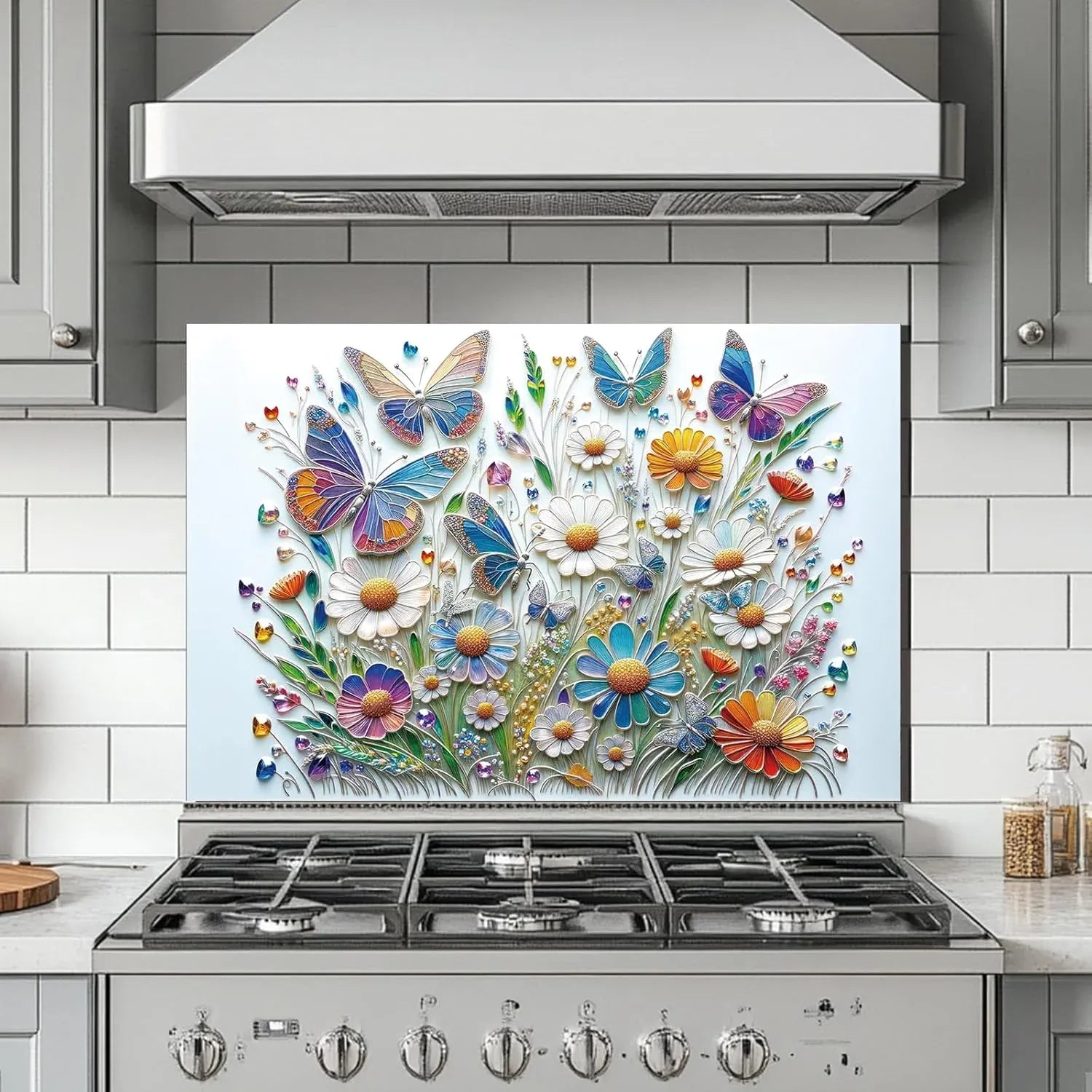 Butterfly Flower tempered glass kitchen backsplash featuring vibrant butterflies and daisies