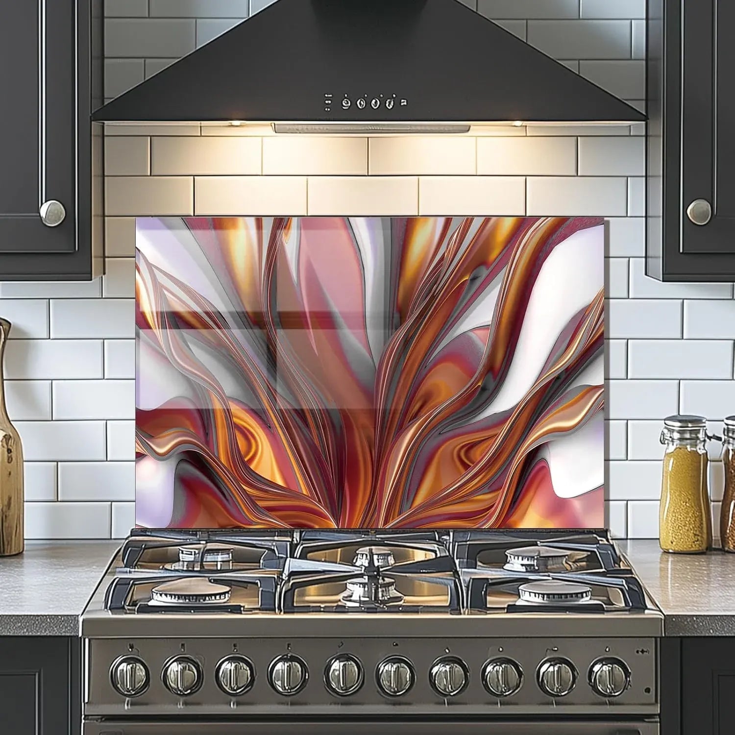 Abstract textured tempered glass kitchen backsplash with orange red swirls in modern kitchen