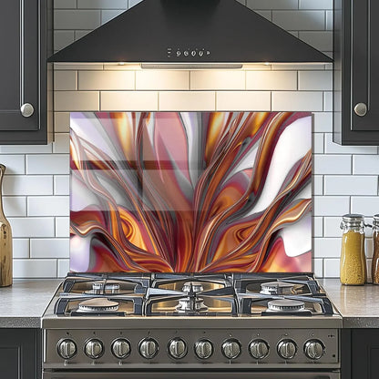 Abstract textured tempered glass kitchen backsplash with orange red swirls in modern kitchen