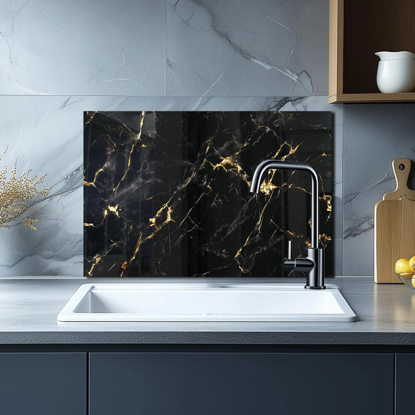 Black Marbling Tempered Glass Stove Backsplash Top Cover - Kitchen Sink Installation View