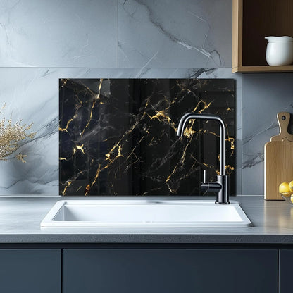 Black Marbling Tempered Glass Stove Backsplash Top Cover - Kitchen Sink Installation View