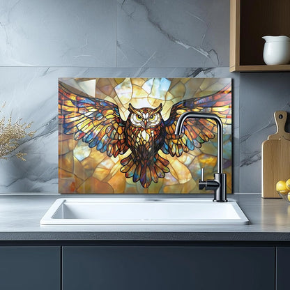 Tempered Glass Owl Kitchen Backsplash - Stained Glass Owl Design Behind Sink