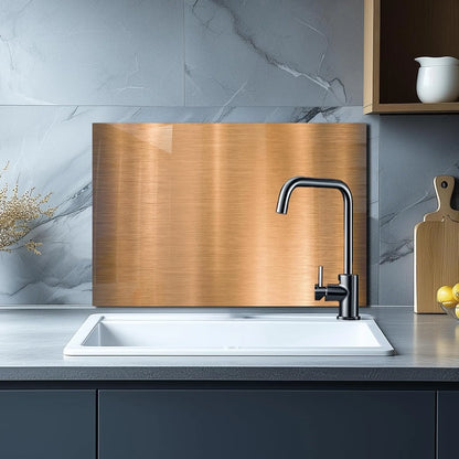 Tempered glass kitchen backsplash behind stove, copper metallic finish