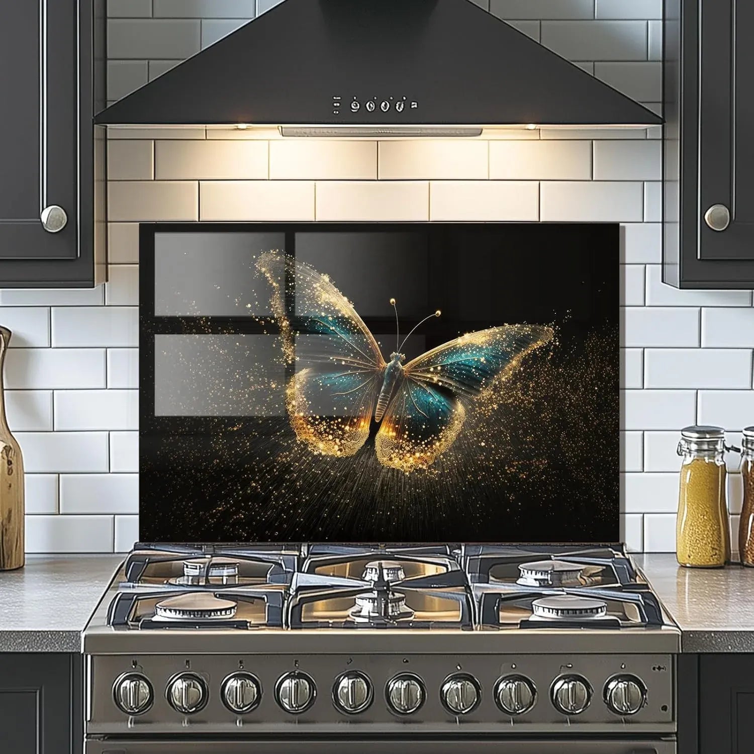Modern kitchen with golden butterfly tempered glass backsplash
