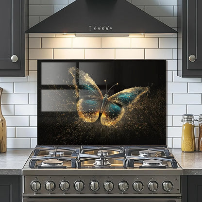 Modern kitchen with golden butterfly tempered glass backsplash