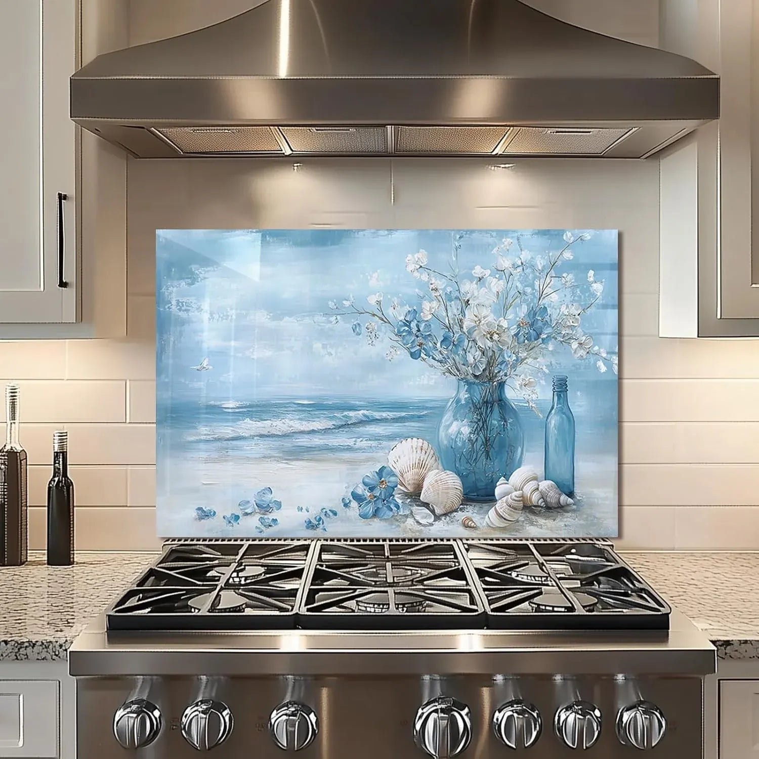 Coastal blue beach scene tempered glass backsplash behind professional gas range