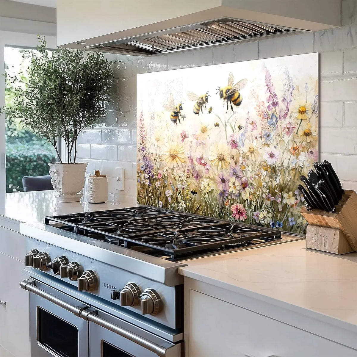 Colorful bees and flowers design on tempered glass kitchen backsplash by Unique Zone