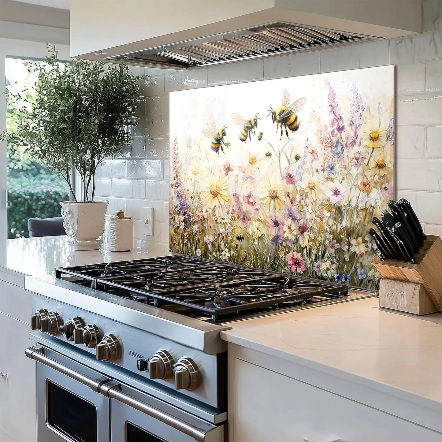 Colorful bees and flowers design on tempered glass kitchen backsplash by Unique Zone