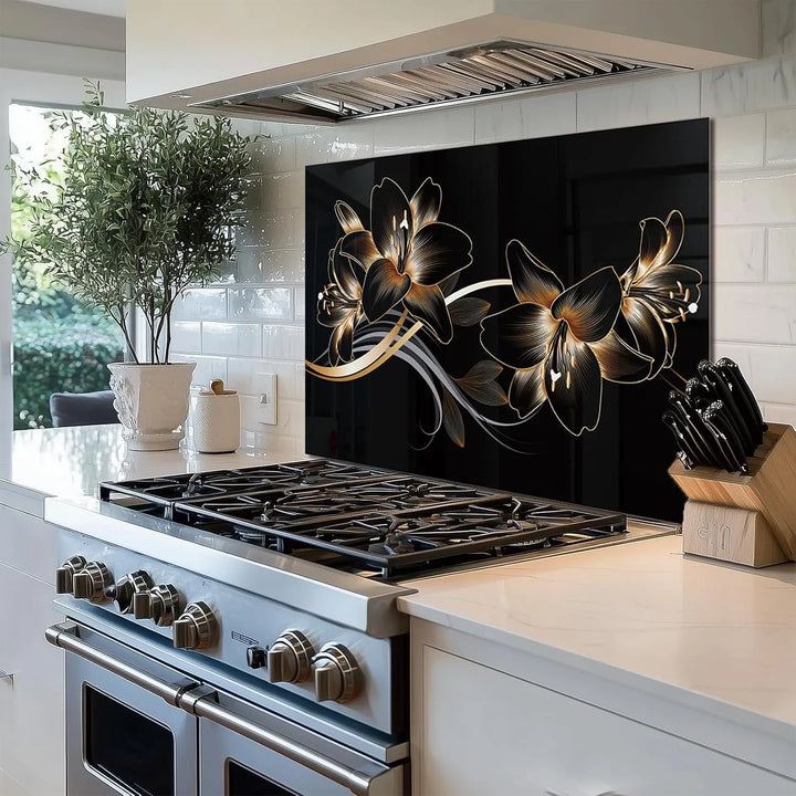 Golden Lily Heat-Resistant Glass Kitchen Backsplash