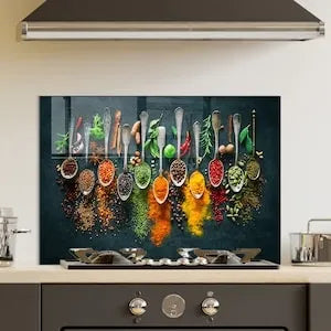Spices Tempered Glass Stove Backsplash - Vibrant Spice Spoon Display