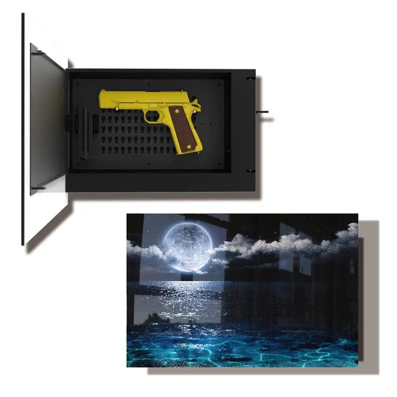 Open Glass Landscape Gun Storage Cabinet with yellow pistol, moon over water artwork