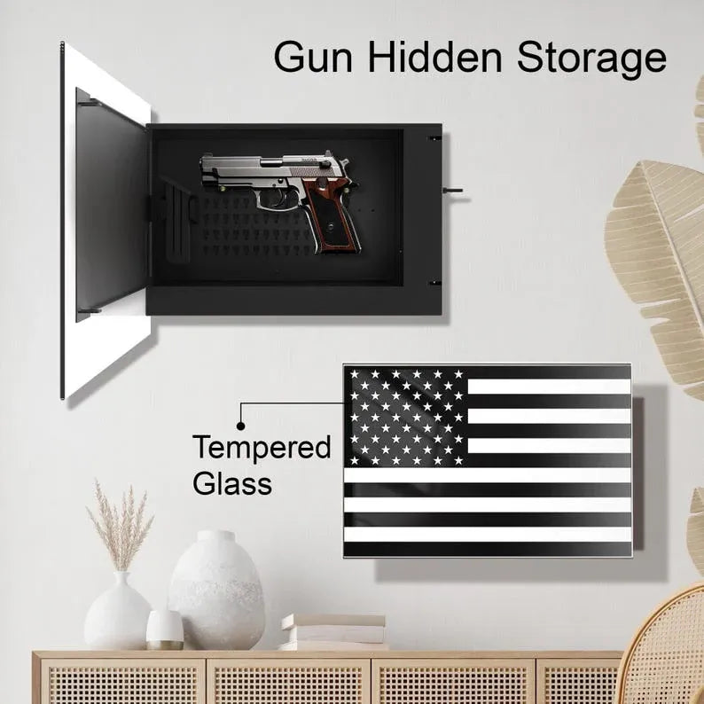 Glass American Flag gun storage cabinet with hidden handgun compartment and tempered glass