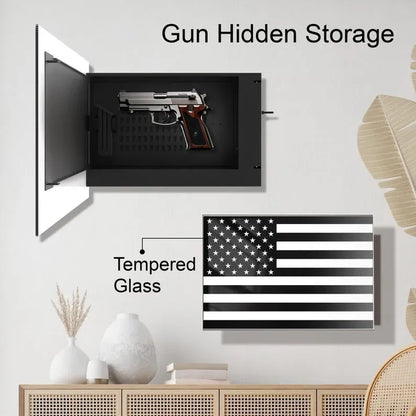 Glass American Flag gun storage cabinet with hidden handgun compartment and tempered glass