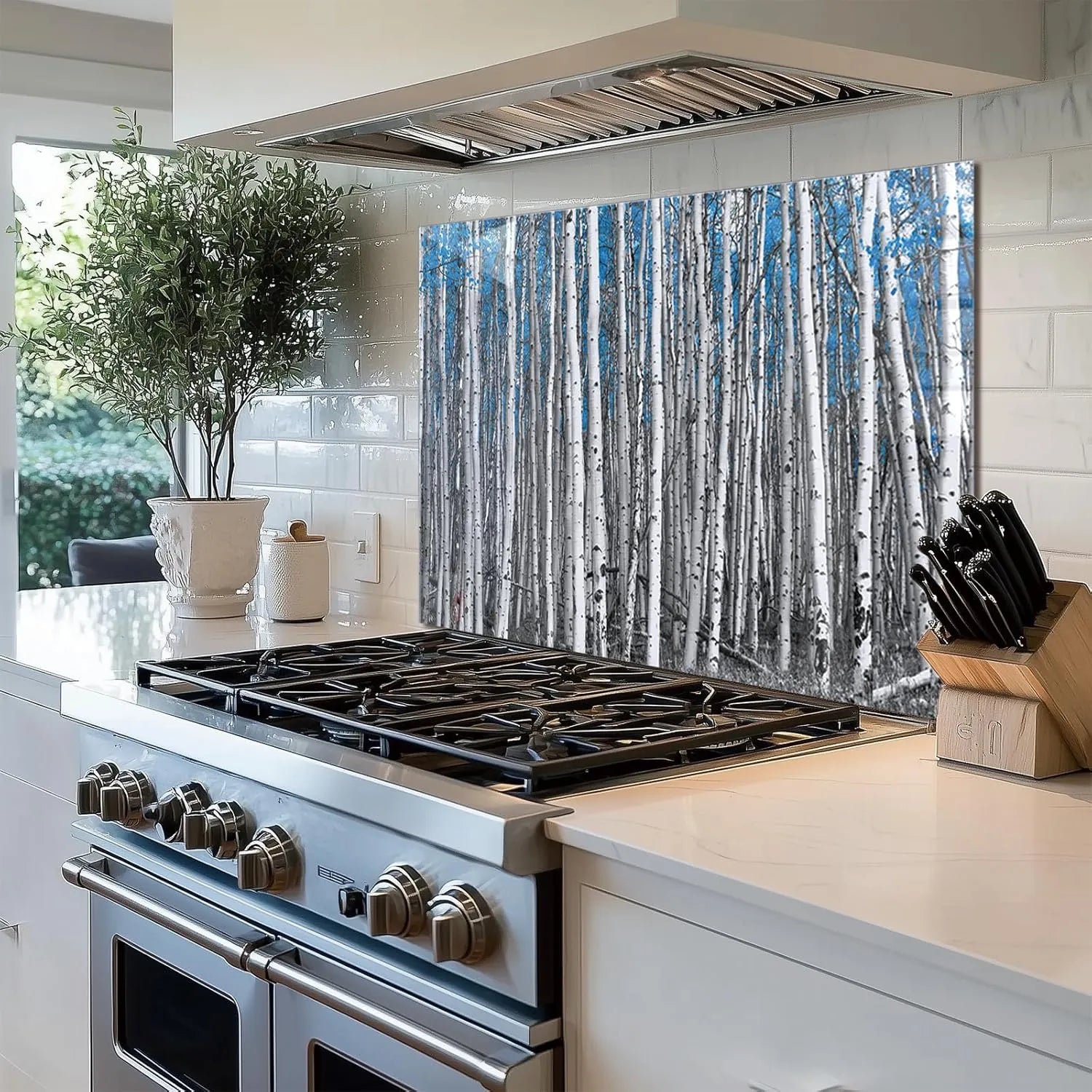 Birch forest with blue leaves tempered glass kitchen backsplash installation