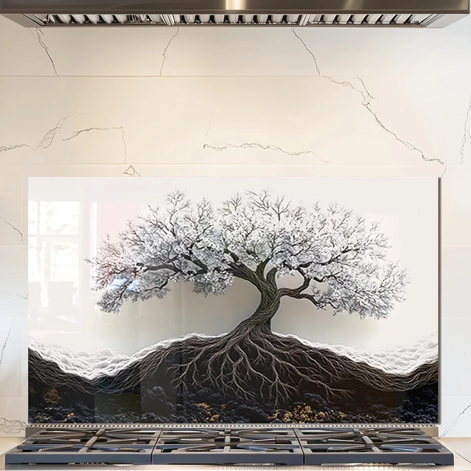 Tree of Life tempered glass kitchen backsplash close-up product view