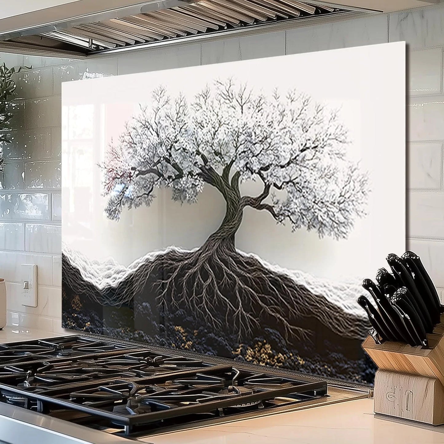 Tree of Life tempered glass kitchen backsplash size reference view