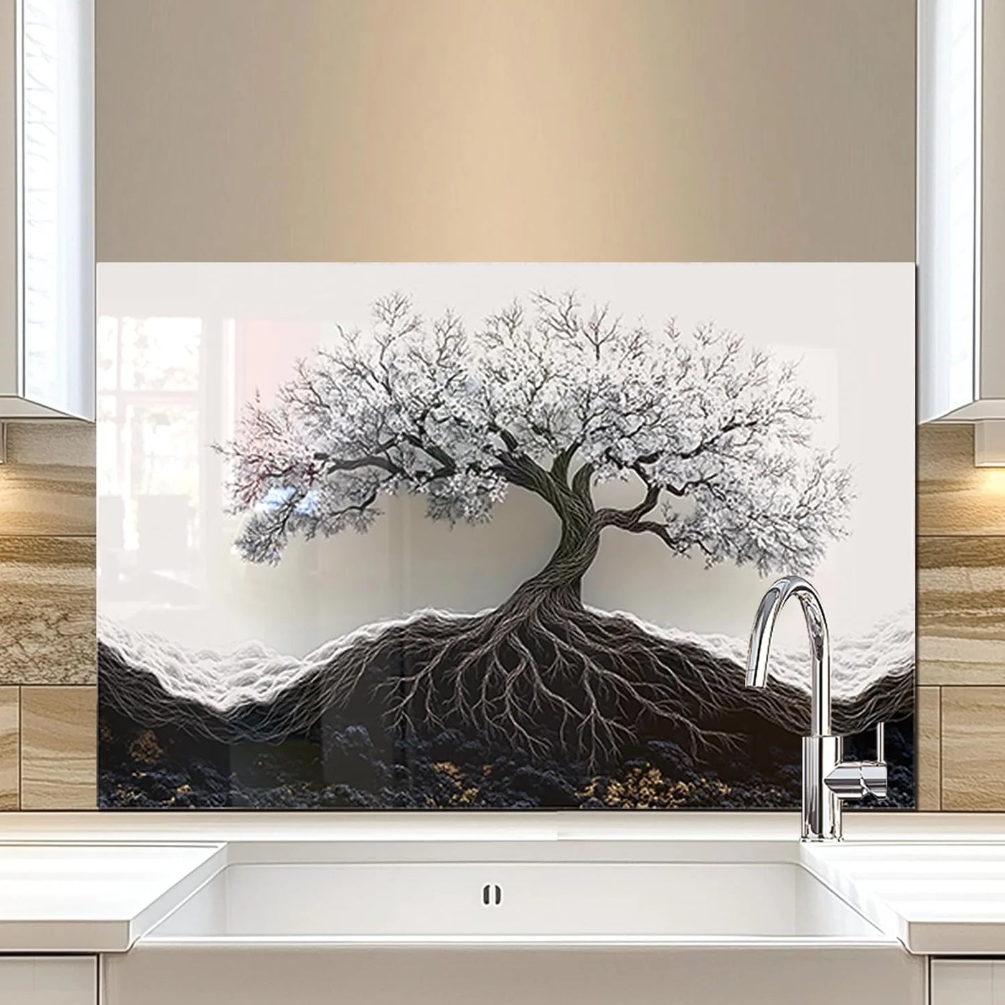 Tree of Life tempered glass kitchen backsplash installation detail