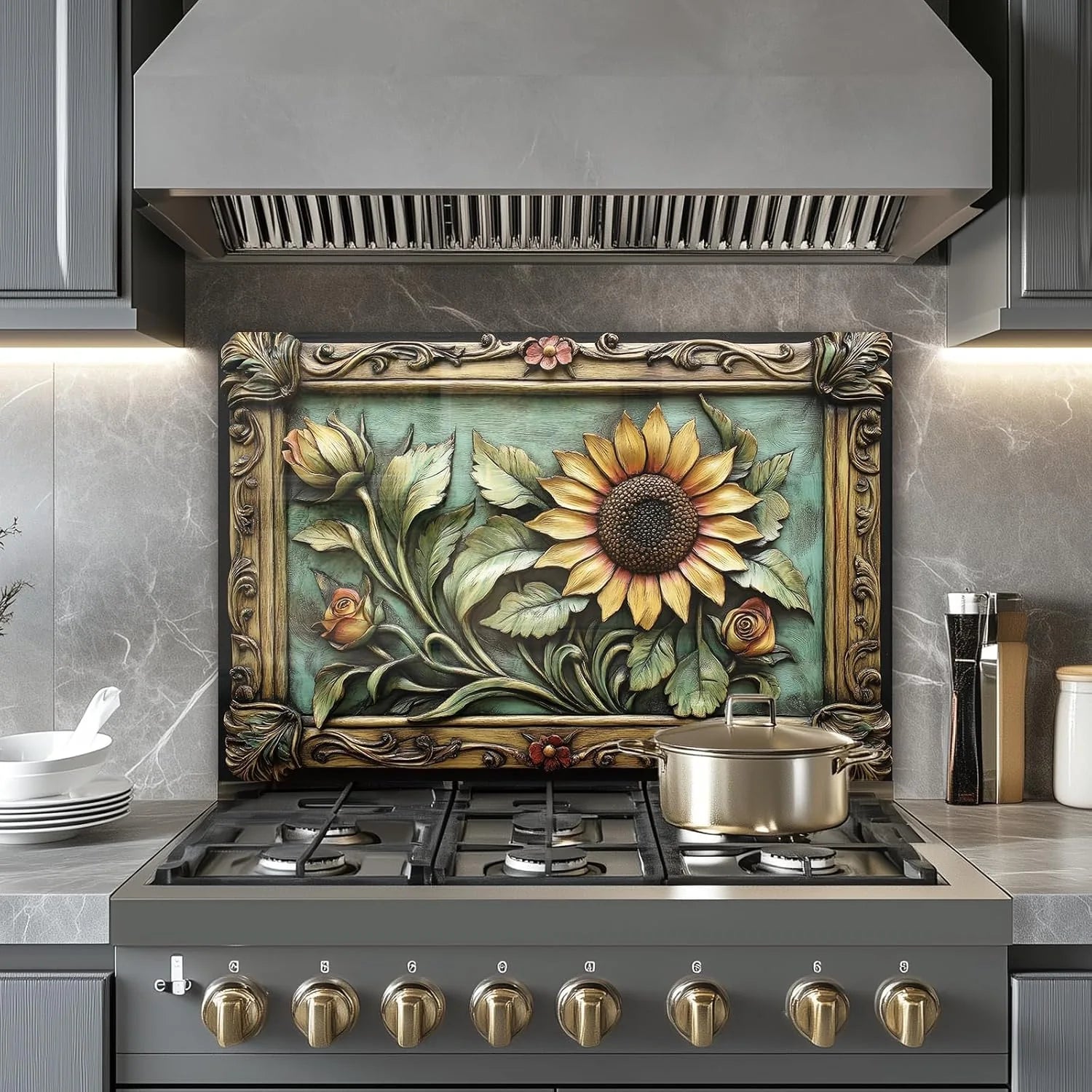 Sunflower tempered glass kitchen backsplash close-up product view