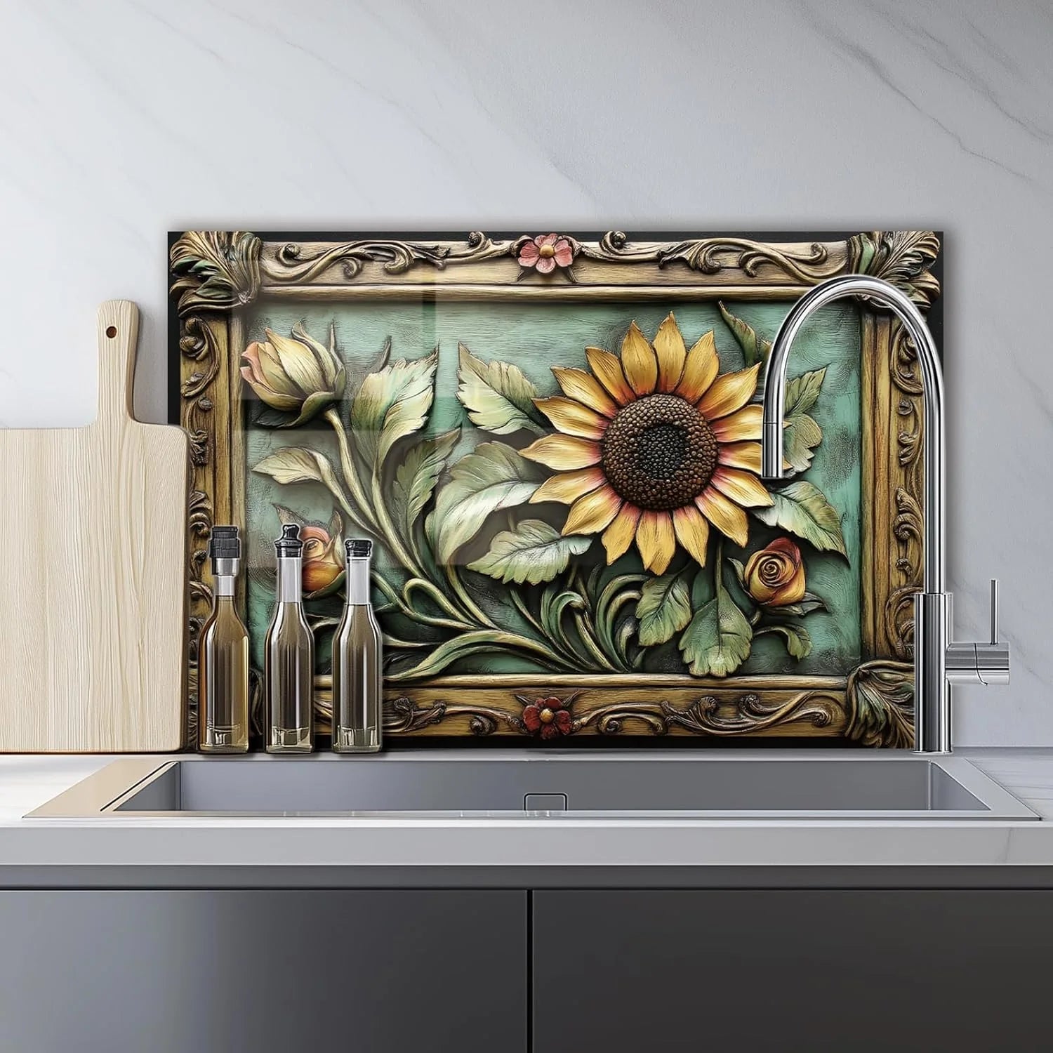 Sunflower tempered glass kitchen backsplash installation detail