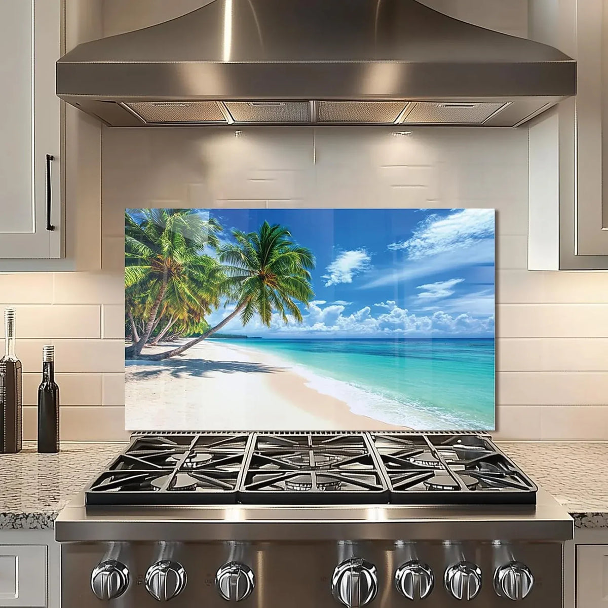 Coconut trees beach scene tempered glass kitchen backsplash splash guard