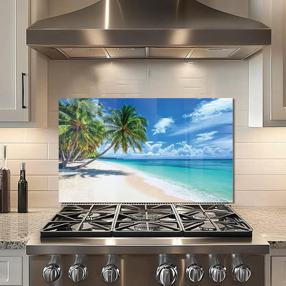 Coconut trees beach scene tempered glass kitchen backsplash splash guard