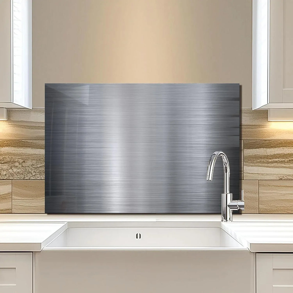Silver tempered glass kitchen backsplash above farmhouse sink