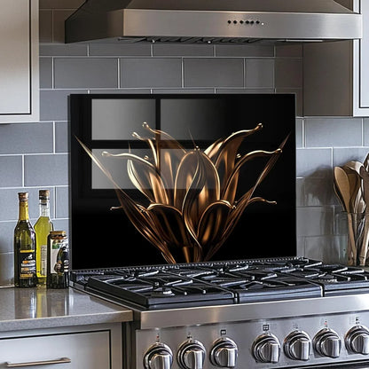 Golden Flowers Tempered Glass Kitchen Backsplash Stove Decor