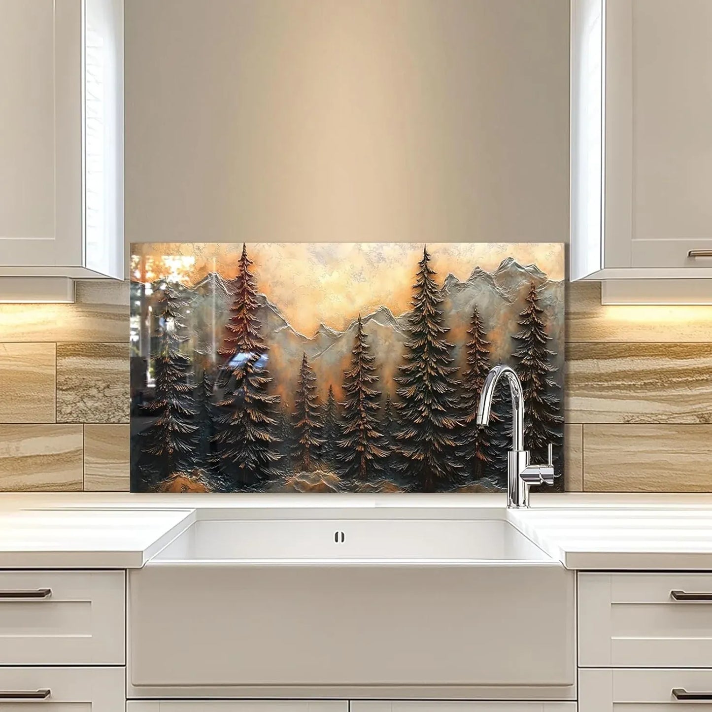 Tempered glass 3D pine forest kitchen sink cover splash guard