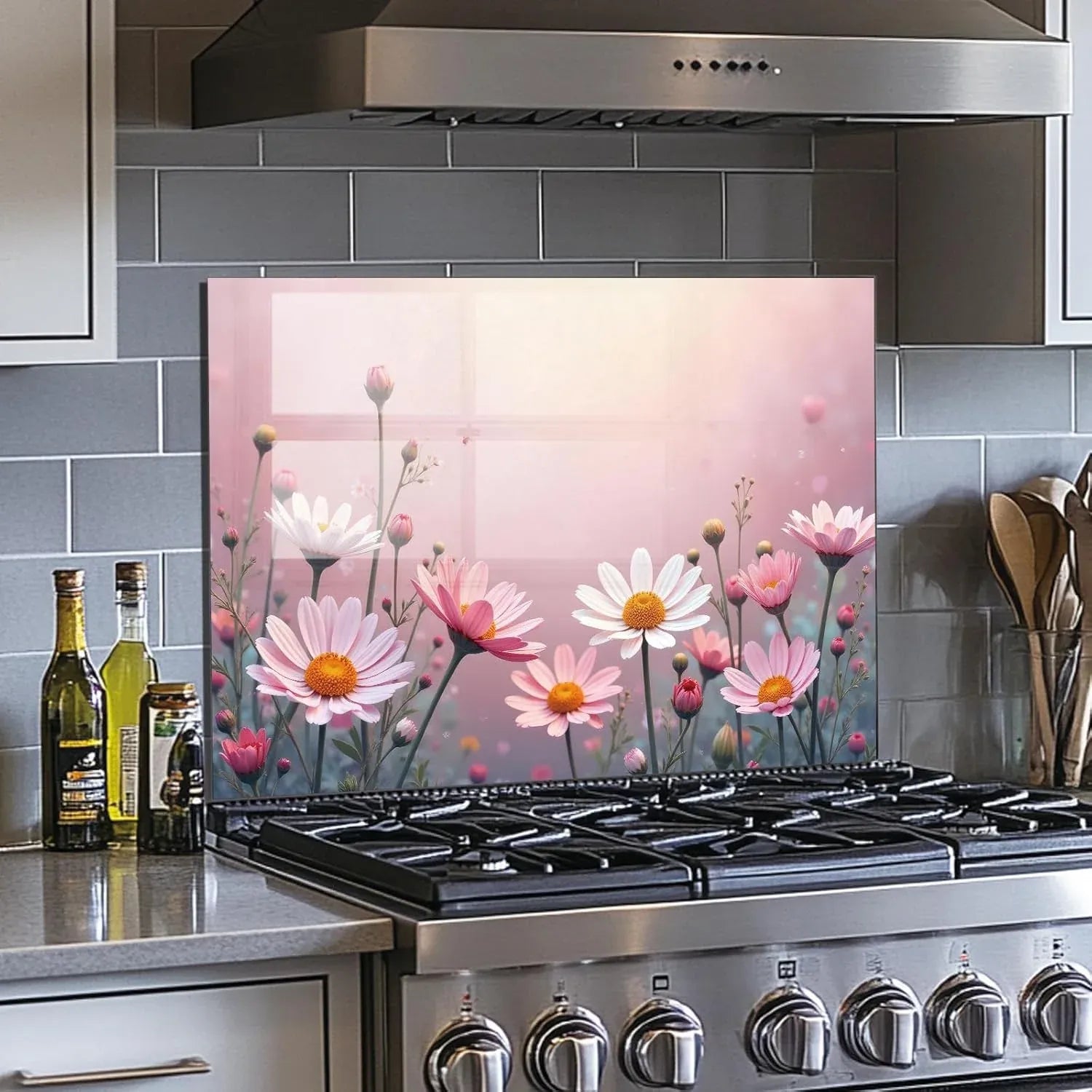 Pale Pink Daisy - Tempered Glass Backsplash for Kitchen lifestyle view