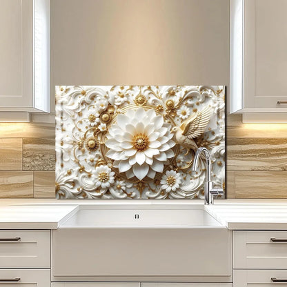 3D Platinum Flowers & Birds Tempered Glass Kitchen Backsplash Installed Above Sink