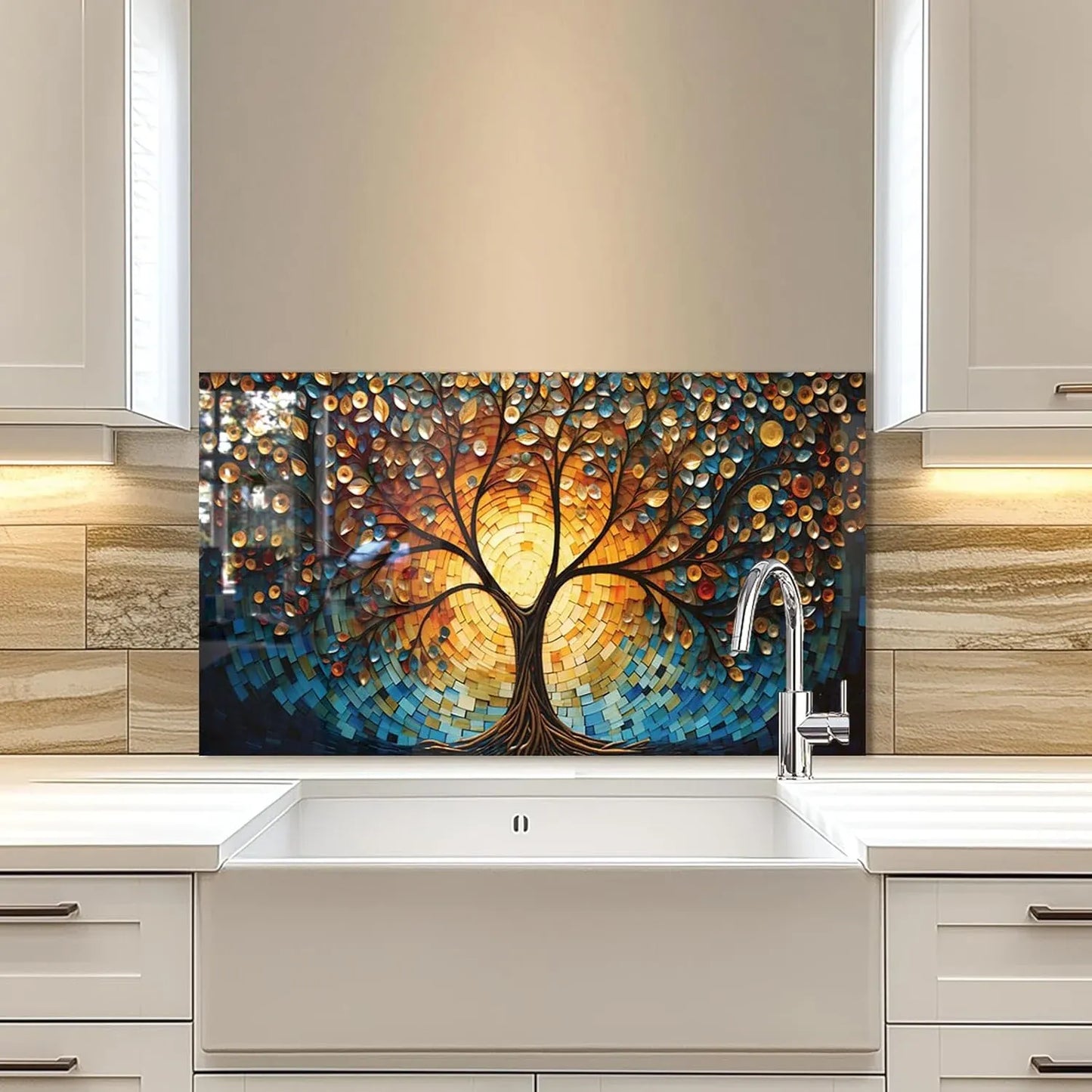 Tempered Glass Tree of Life Kitchen Sink Cover Splash Guard above farmhouse sink