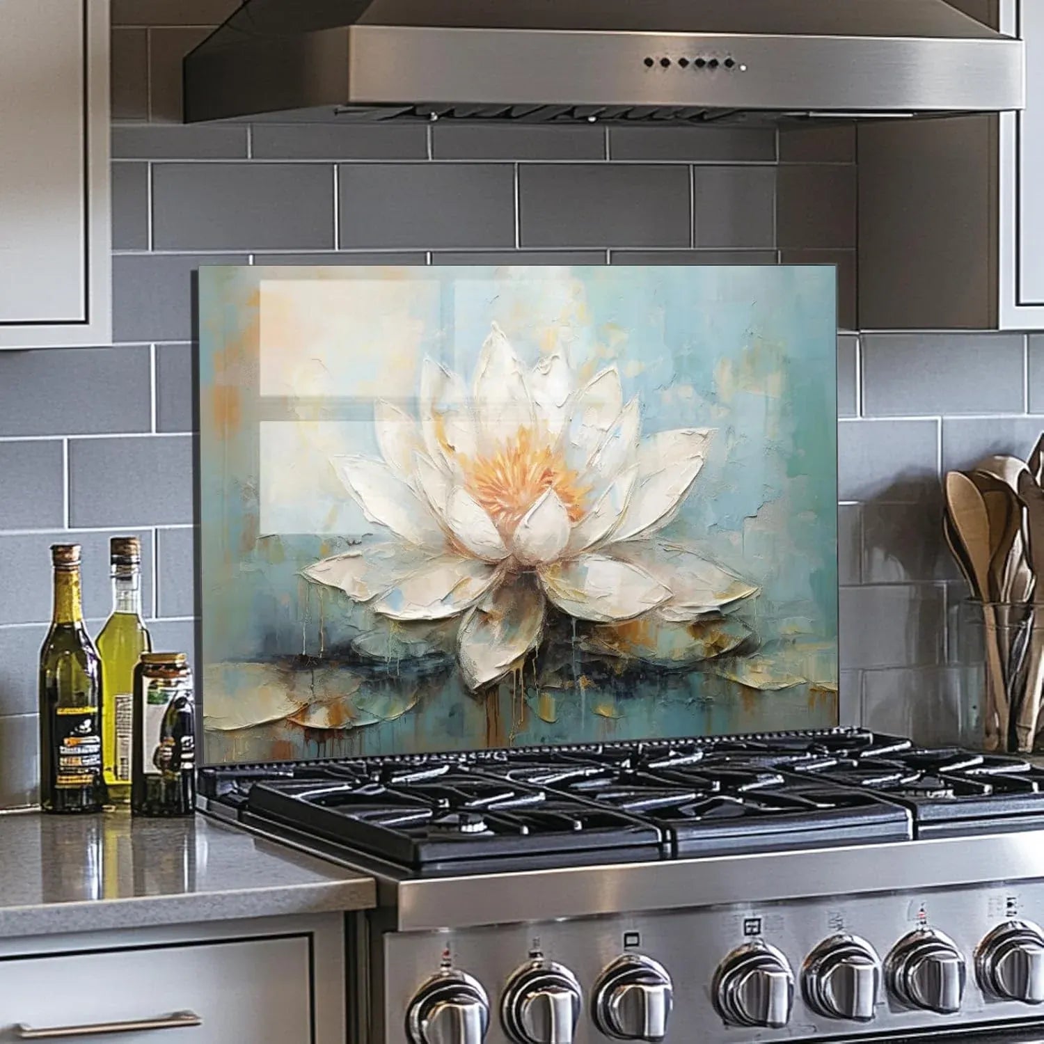 Pure White Lotus - Tempered Glass Backsplash for Kitchen lifestyle view