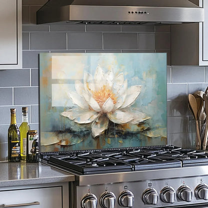 Pure White Lotus - Tempered Glass Backsplash for Kitchen