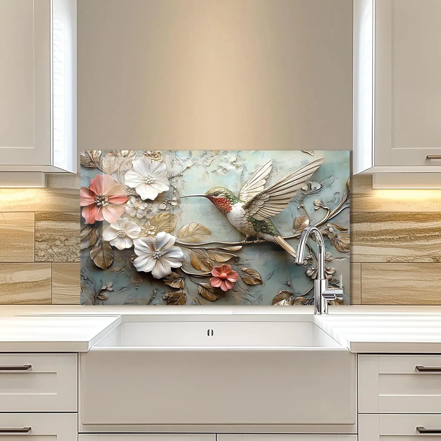 3D Hummingbird Tempered Glass Sink Area Backsplash Installation View