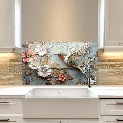 3D Hummingbird Tempered Glass Sink Area Backsplash Installation View