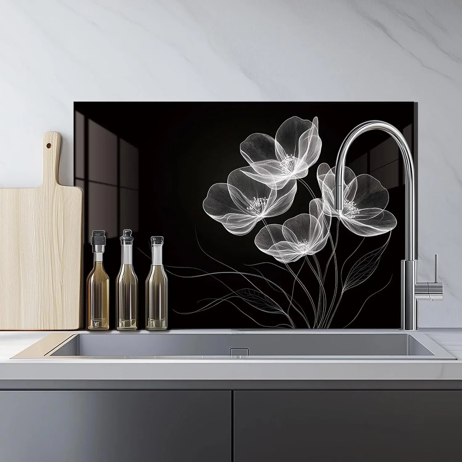 White Flower - Tempered Glass Backsplash for Kitchen lifestyle view