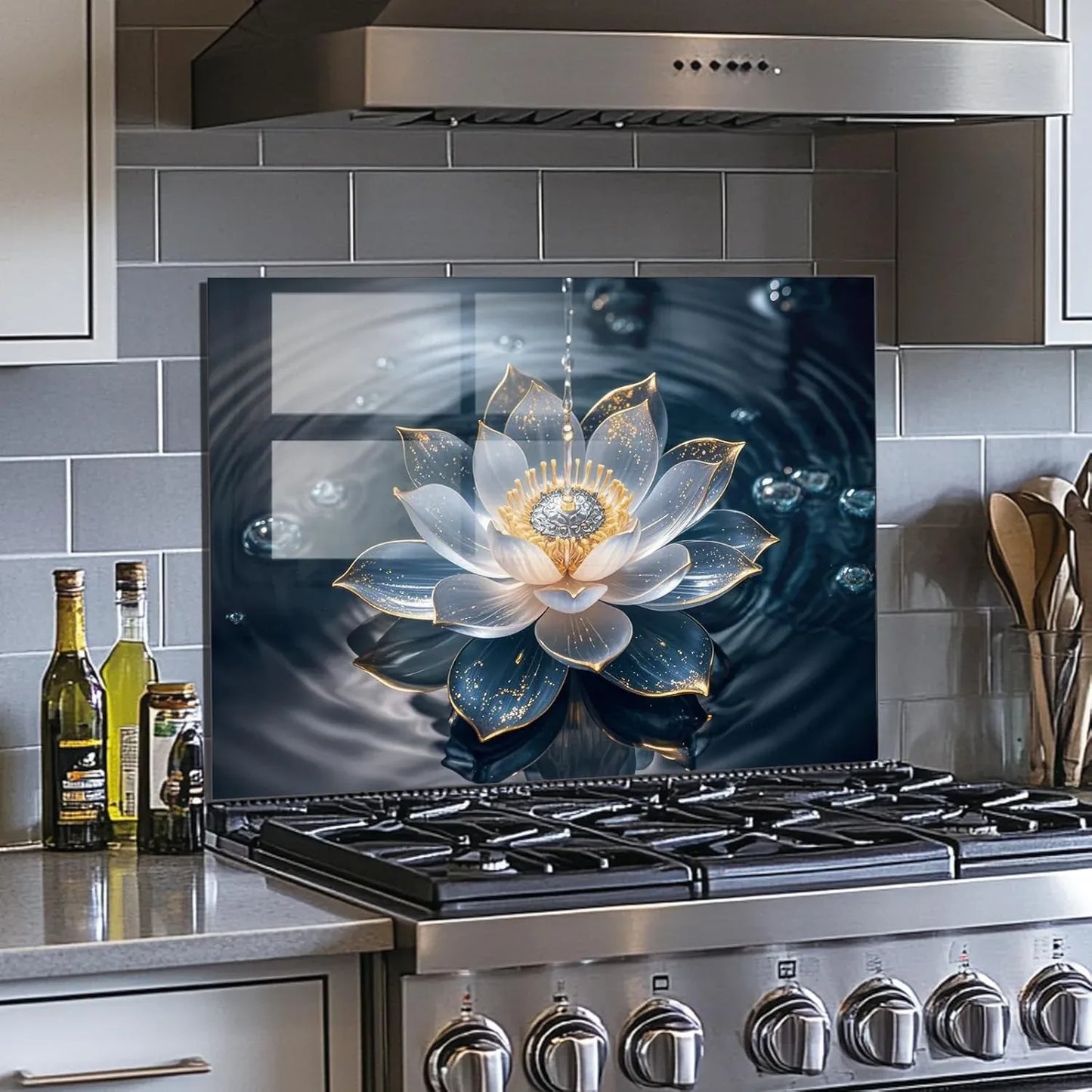 Lotus flower tempered glass kitchen backsplash, durable decorative splash guard for modern cooking spaces